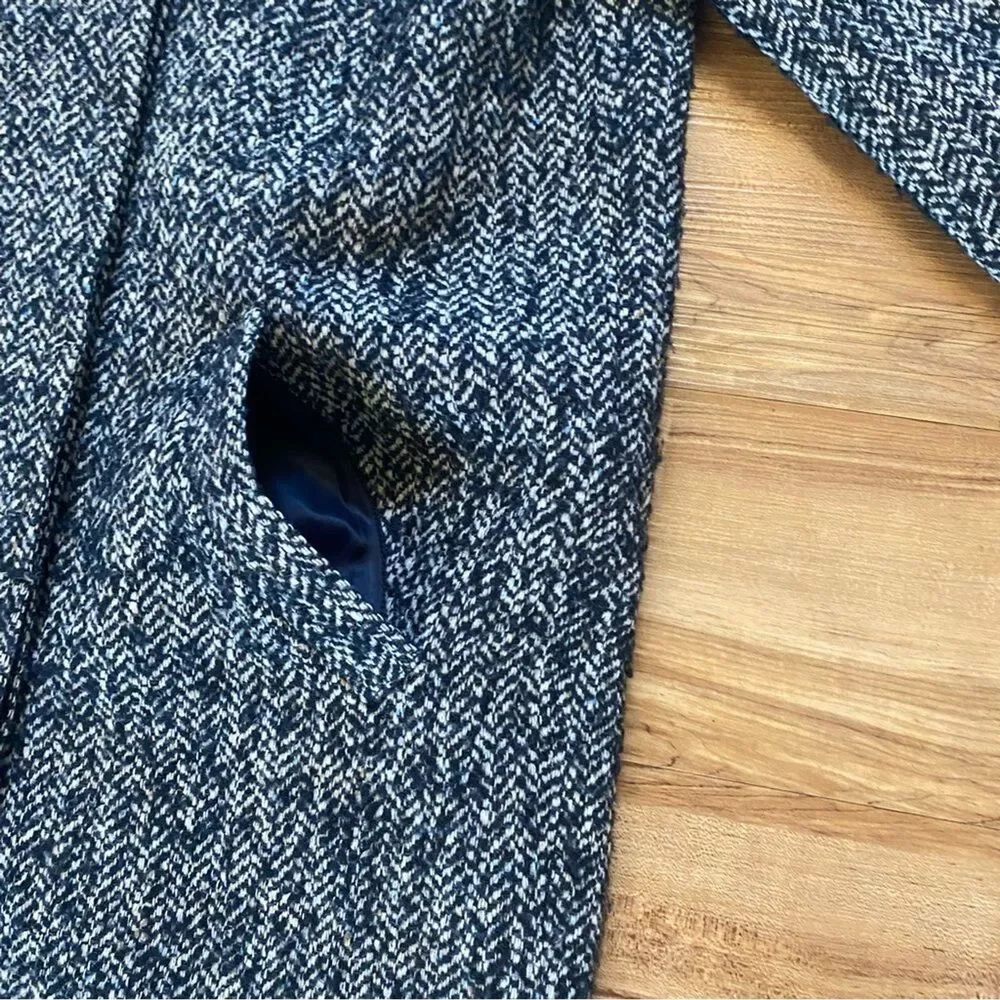 JACK WILLS 2 Womens Navy Blue Fuzzy Wool Tweed Herringbone Pea Coat Academia
